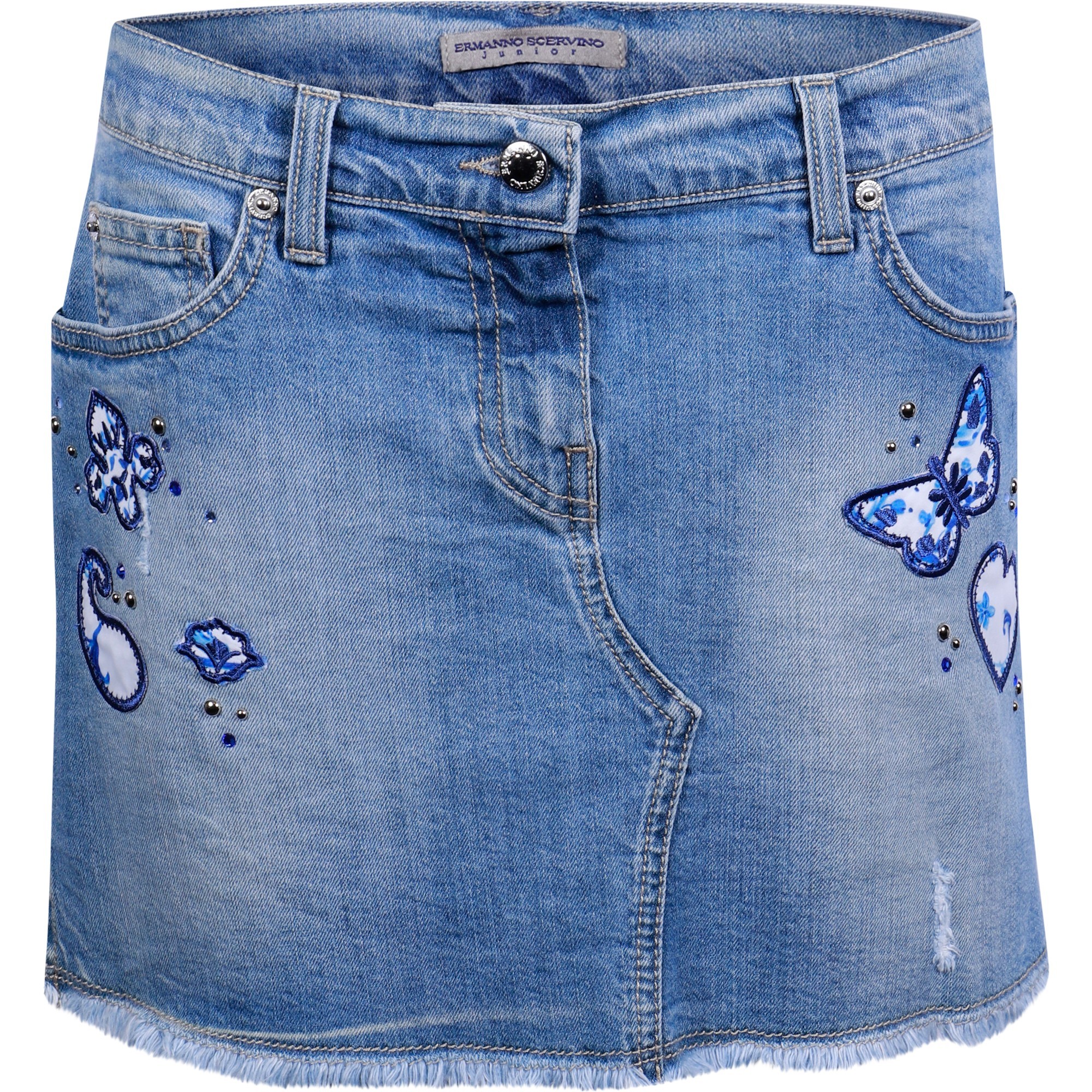 Ermanno Scervino Girls Denim Skirt with Blue and White Embroidered
