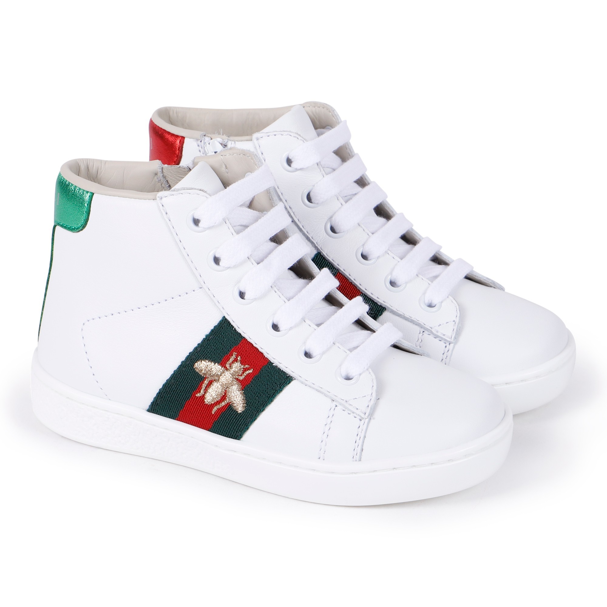 Gucci White Lace Up Sneakers with Gold Bee