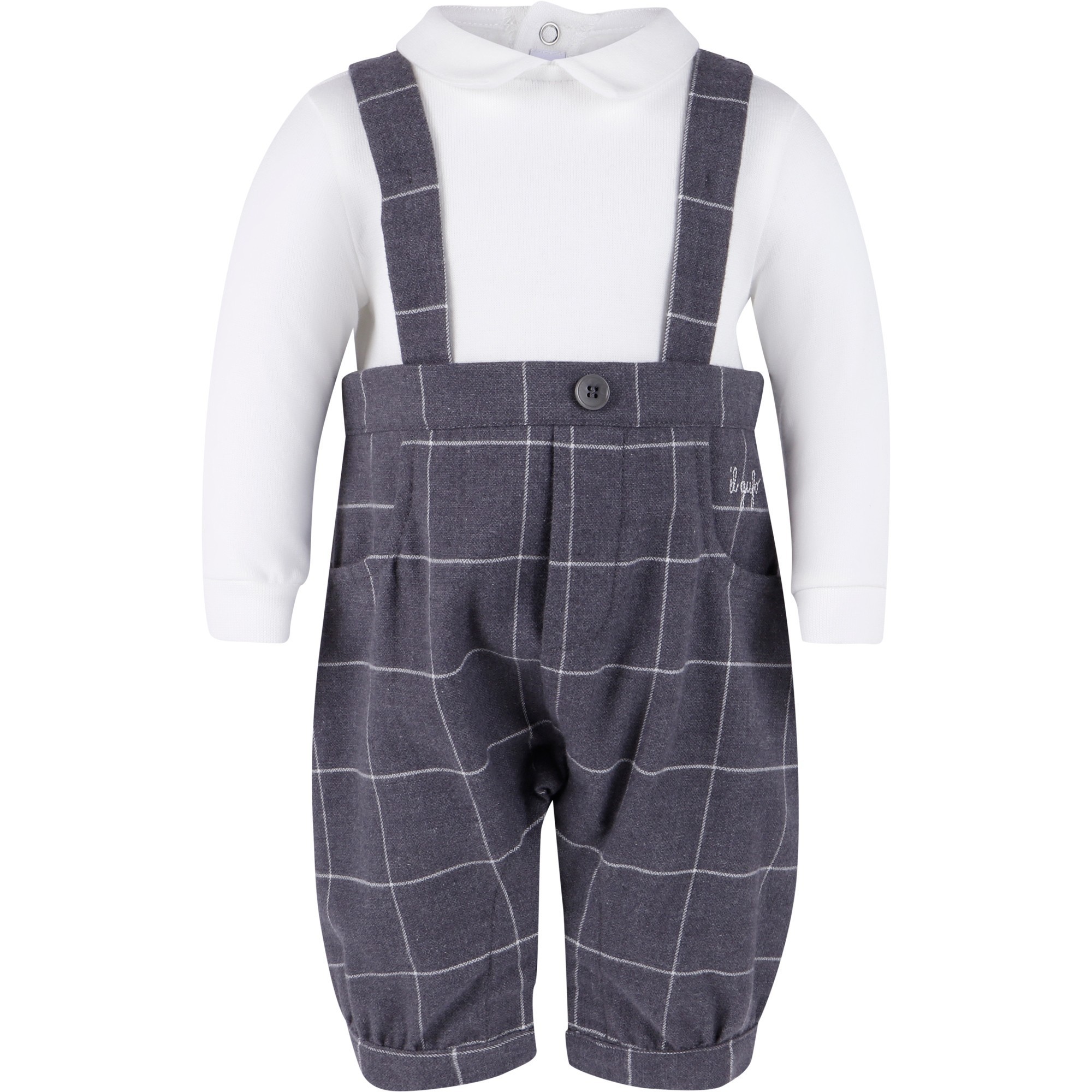 white dungarees baby