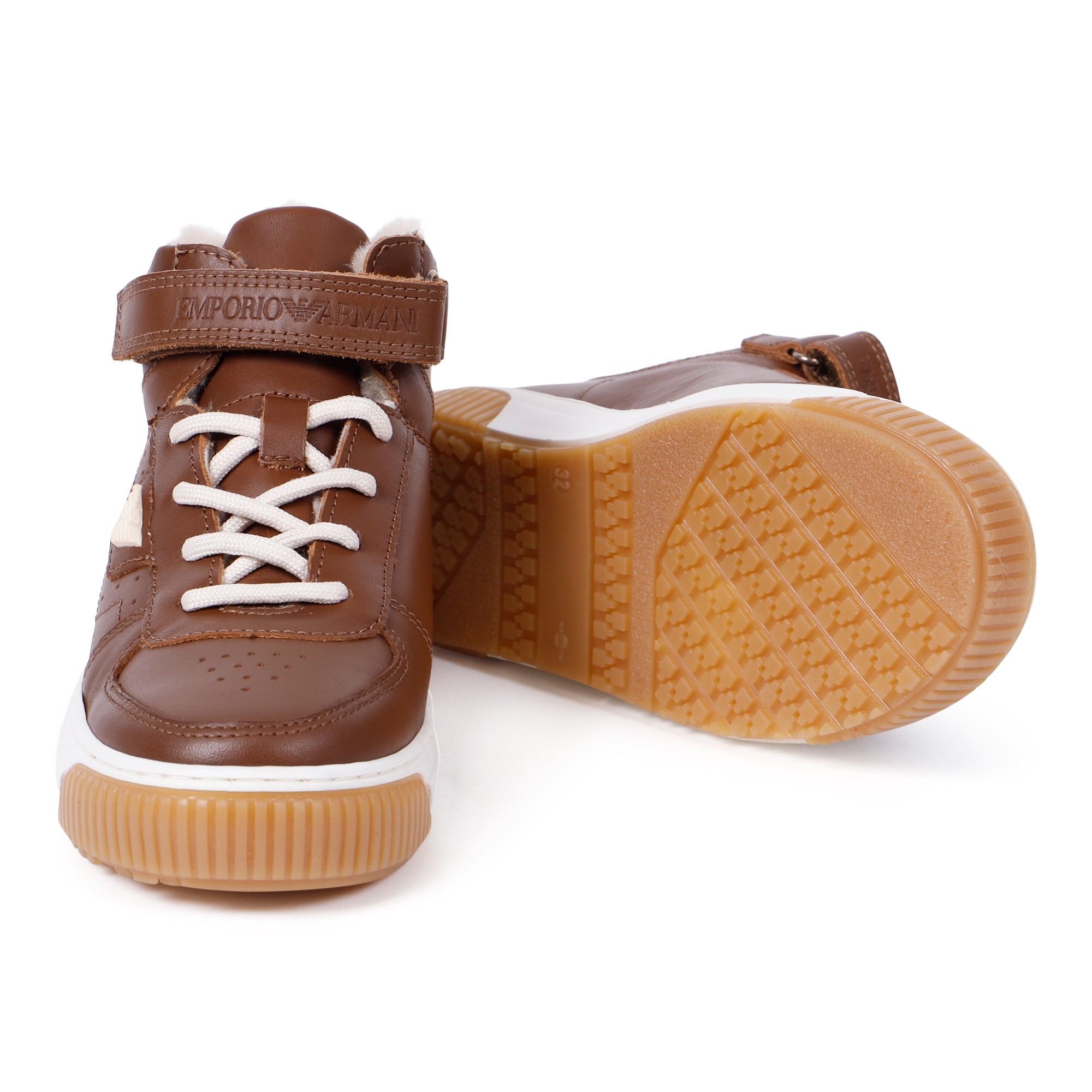 Emporio Armani Boys Brown Leather Sneakers —