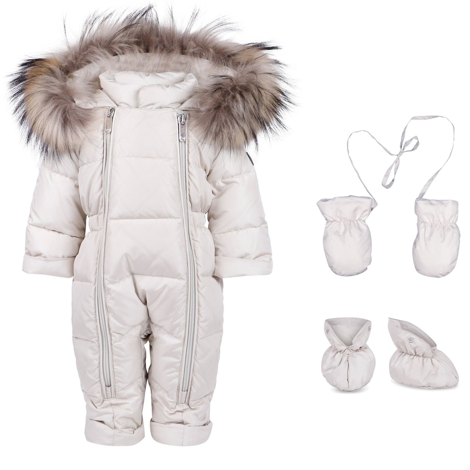 Il Gufo Baby Snowsuit with Fur Trim Hood in White, with Booties