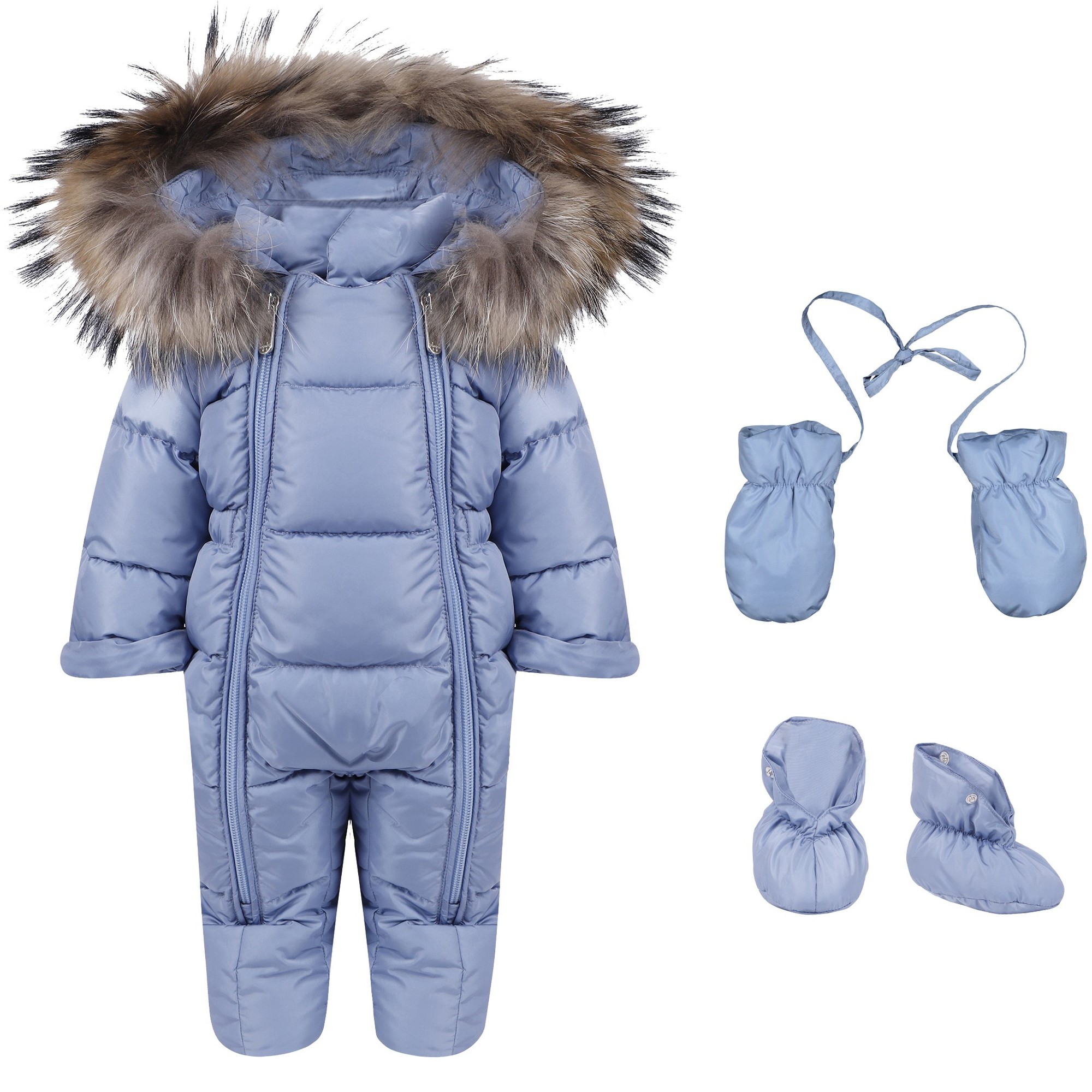 Il Gufo Baby Snowsuit with Fur Trim Hood in Blue, with Booties