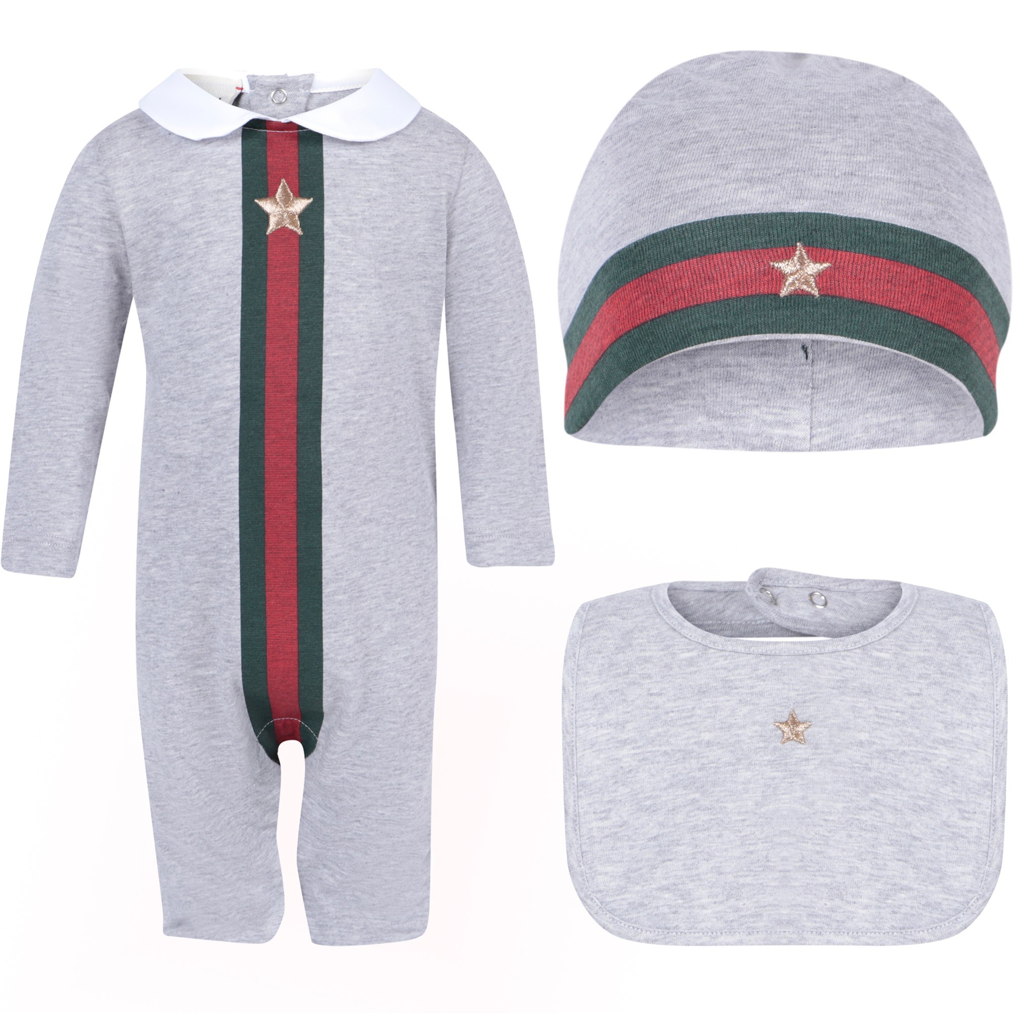 Gucci Baby Gold Star Stripe Onesie Set in Grey