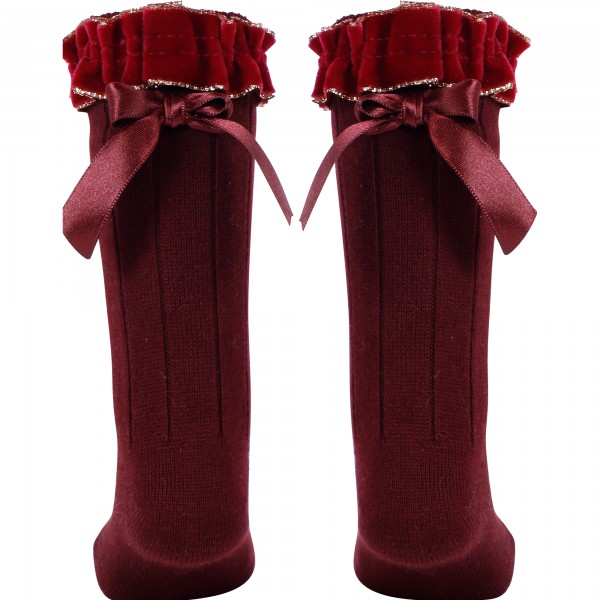 Baby Ruffle & Bow Socks in Maroon