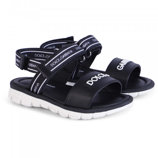 Logo Web Leather Sandals in Black