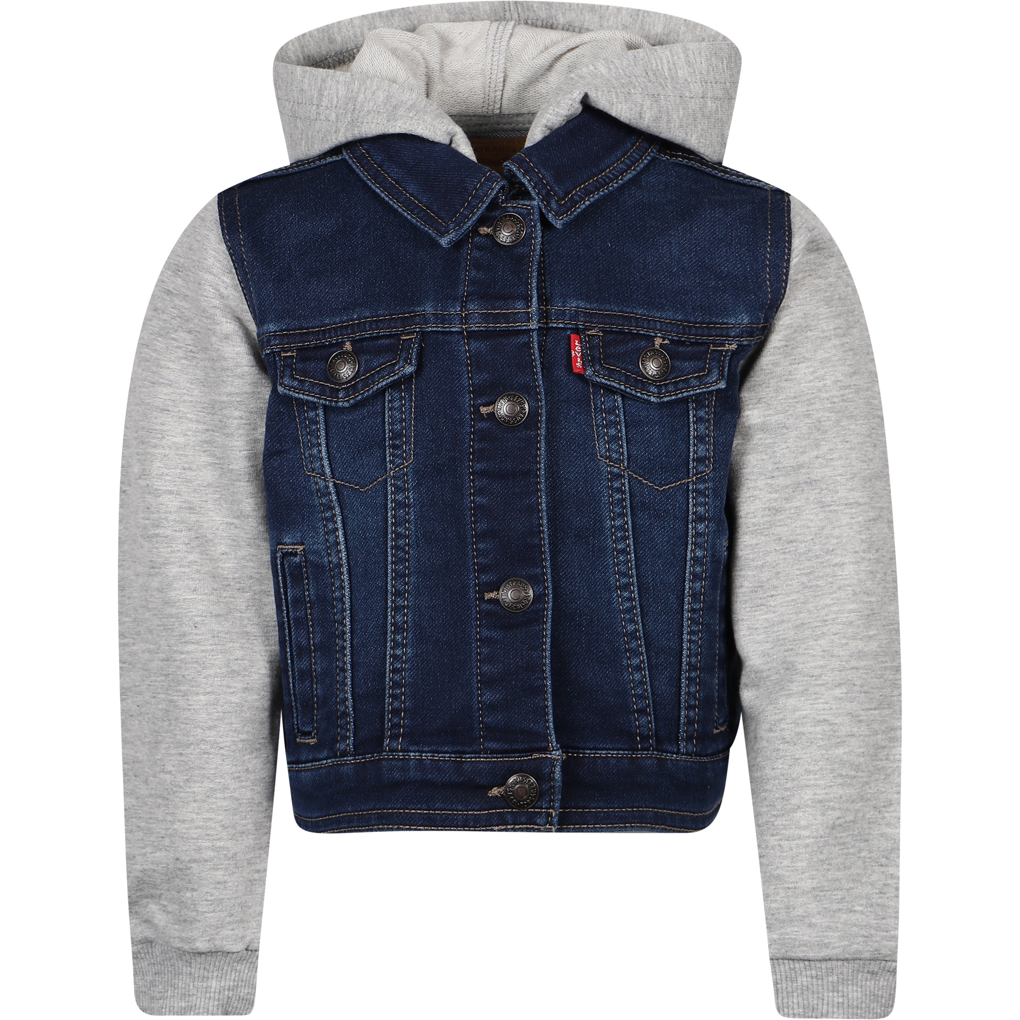 jean jacket with sweater sleeves and hood