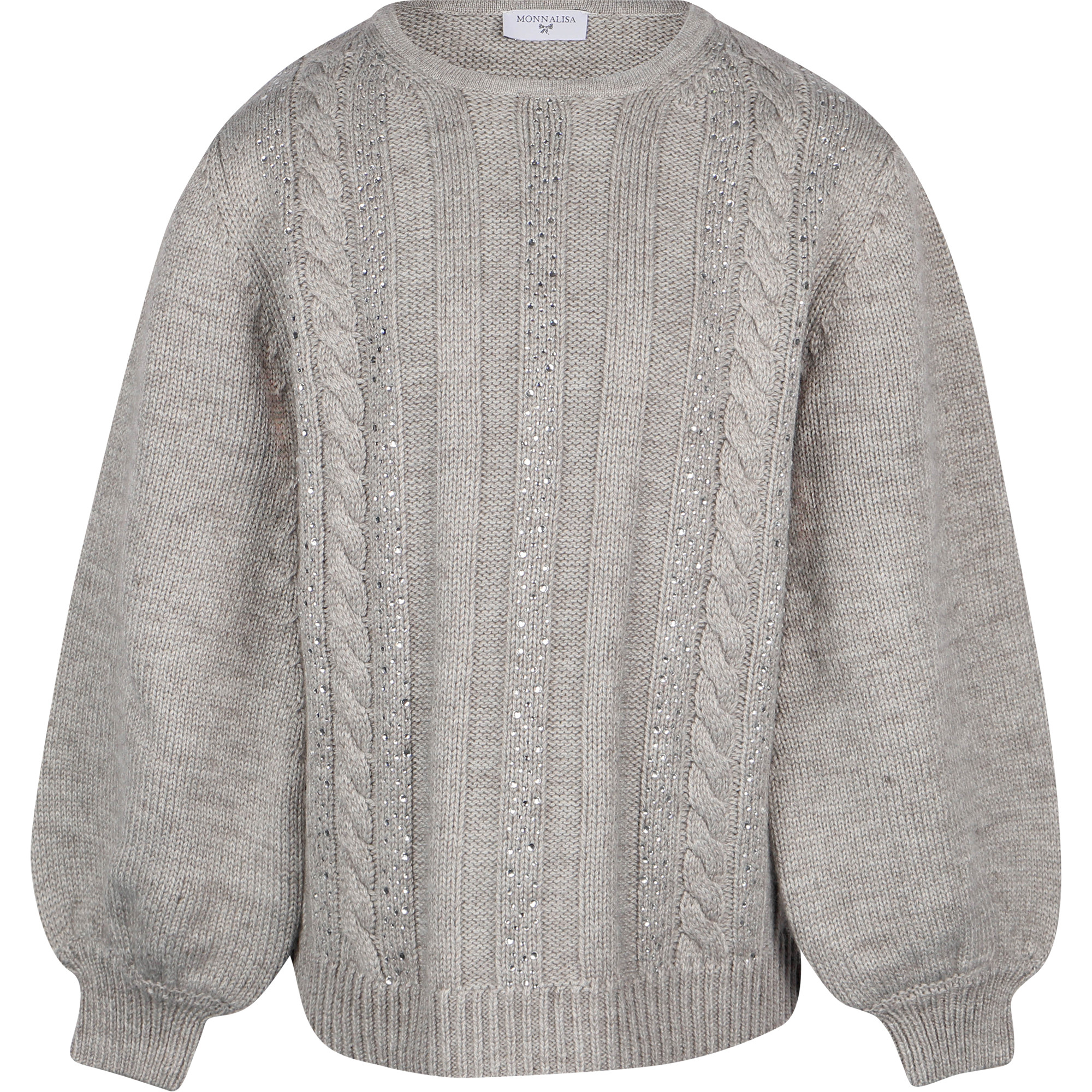 Monnalisa Rhinestones Sweater with Puff Sleeves in Grey