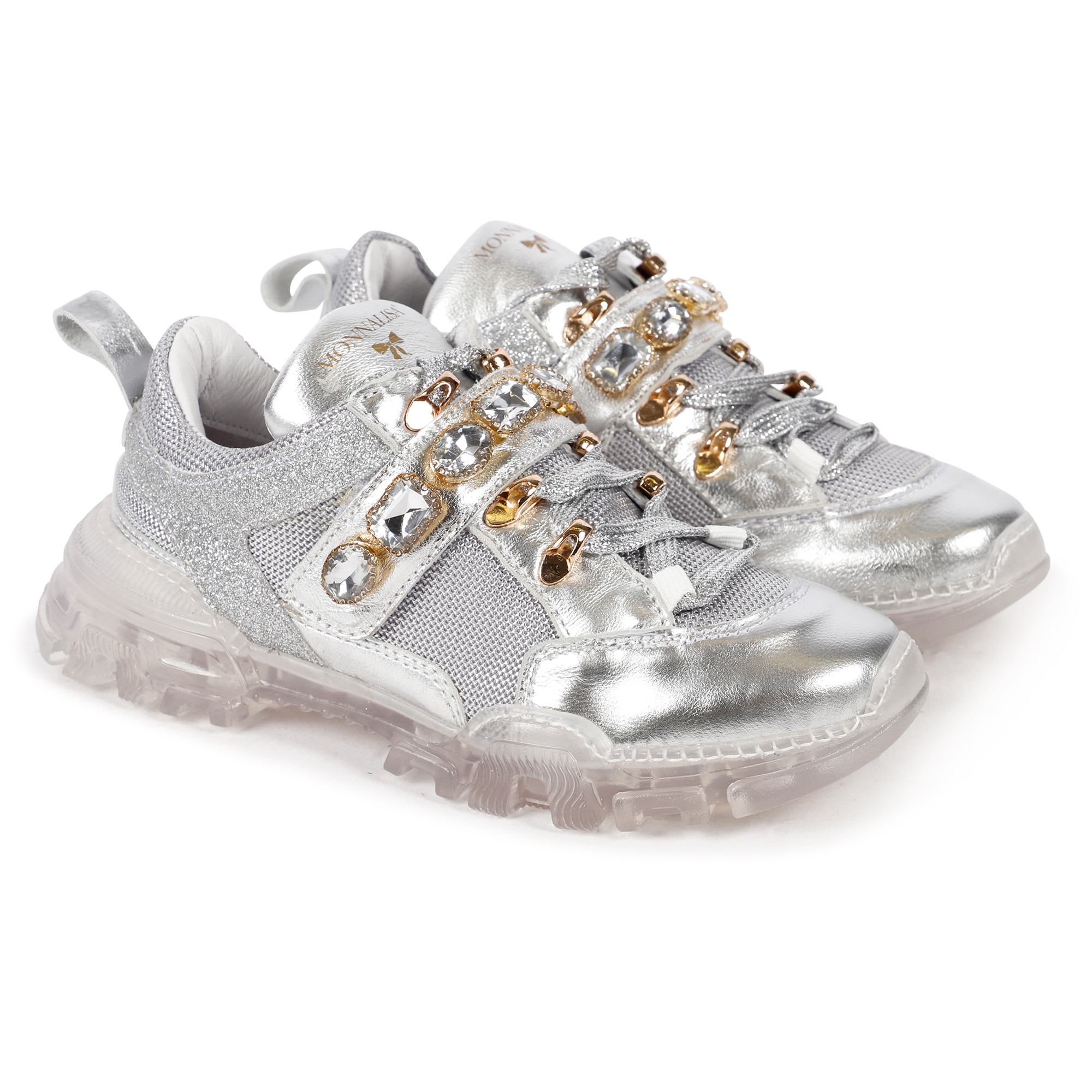 Monnalisa Rhinestones and Glitter Detailing Sneakers in Silver