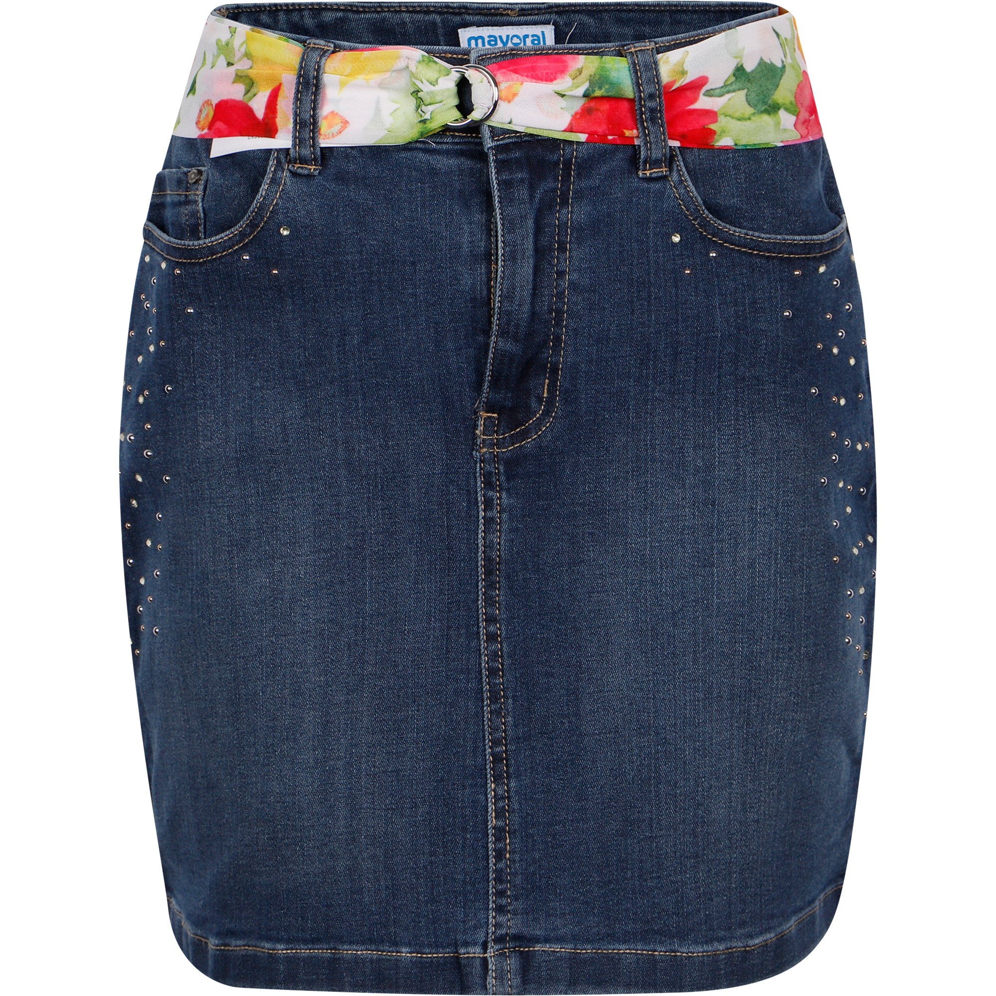 Mayoral Floral Sash Rhinestone Denim Skirt in Blue
