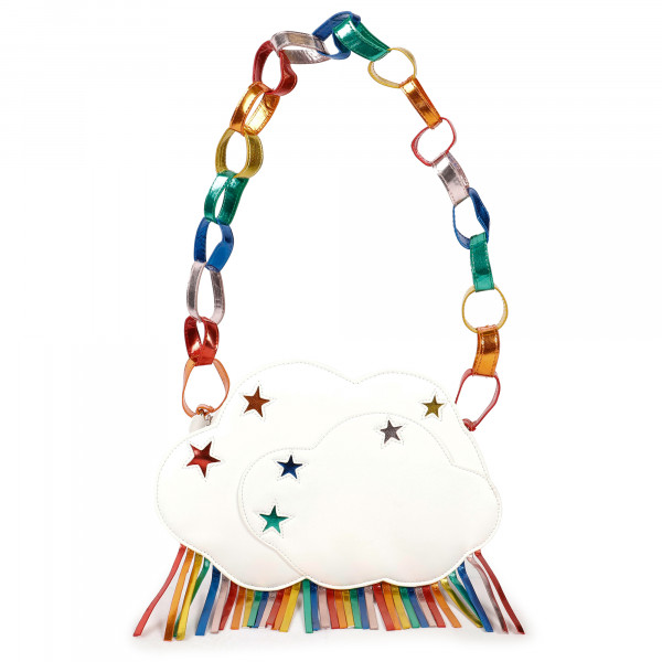 Cloud-Shaped Shoulder Bag with Fringe in White