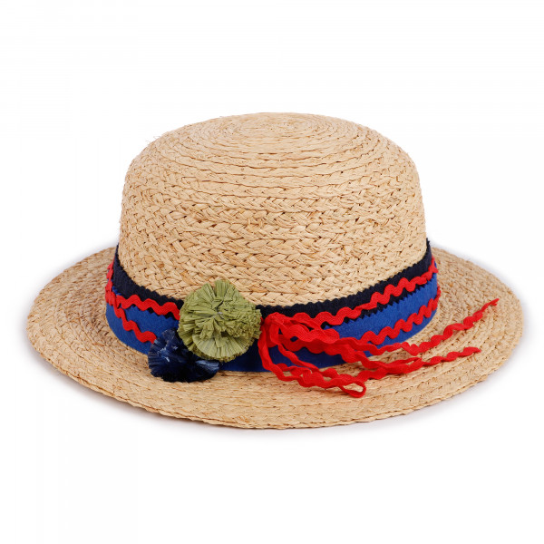 Pom-Pom Straw Hat in Beige