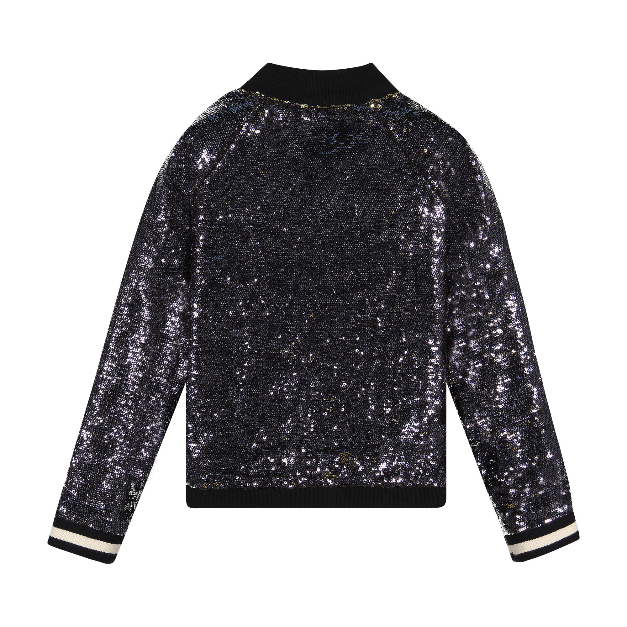 SVNTY Girls Black Sequined Bomber Jacket with Striped Cuffs for Girls —