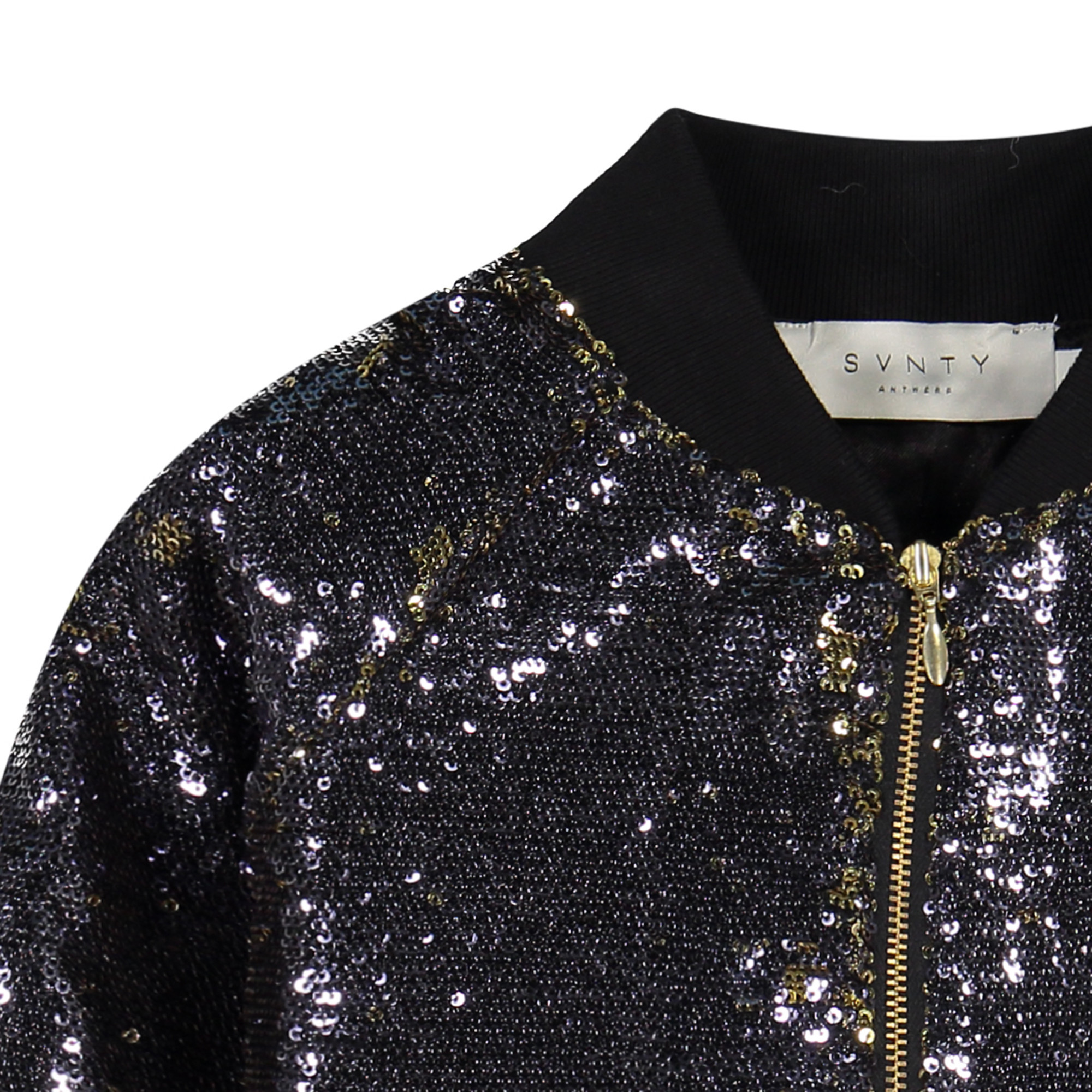 SVNTY Girls Black Sequined Bomber Jacket with Striped Cuffs for Girls