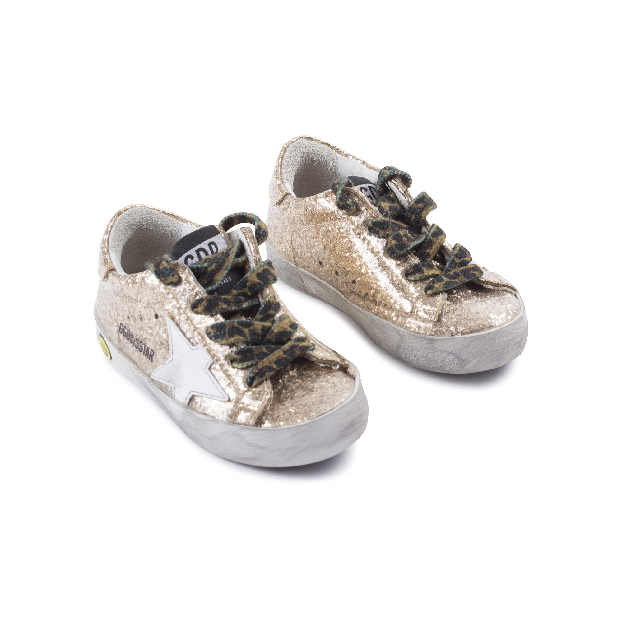 Golden Goose Junior Gold Glitter Sneakers with Leopard Print Laces for