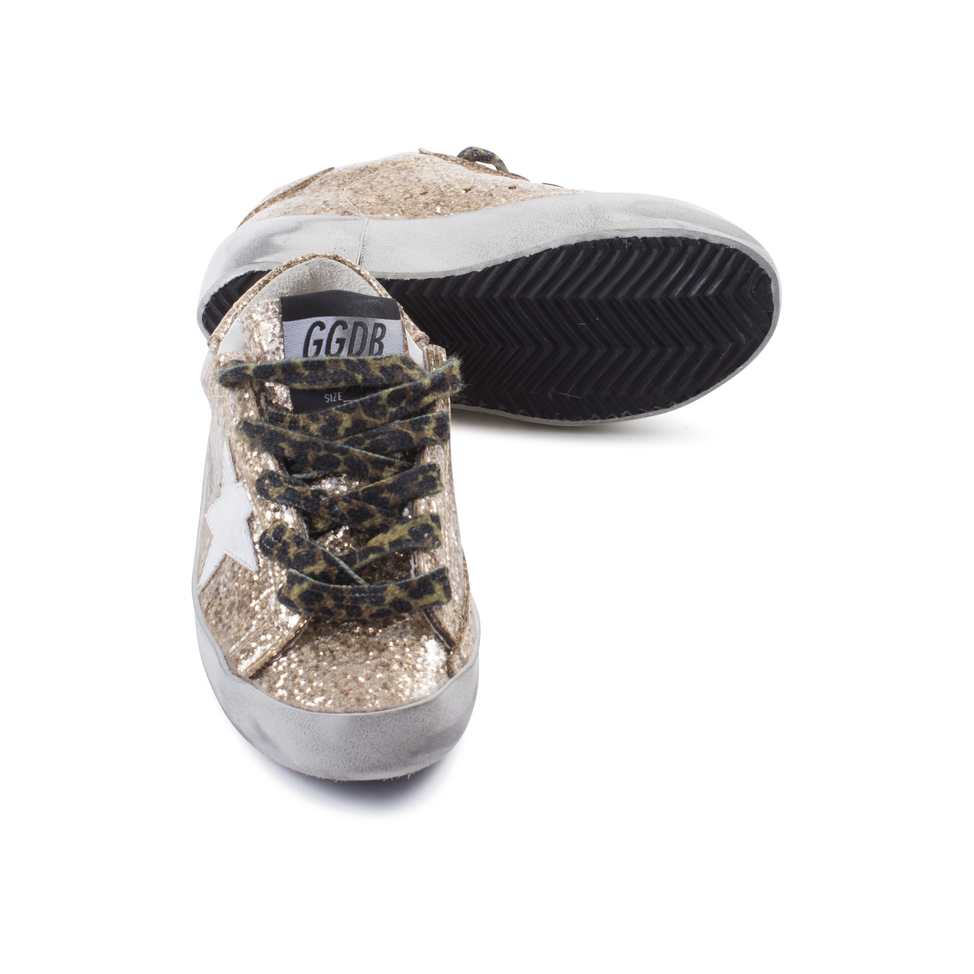 Golden Goose Girls Gold Glitter Sneakers with Cheetah Print Laces for Girls