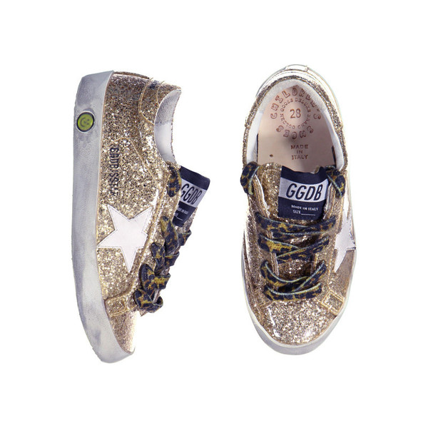 Golden Goose Girls Gold Glitter Sneakers with Cheetah Print Laces for Girls
