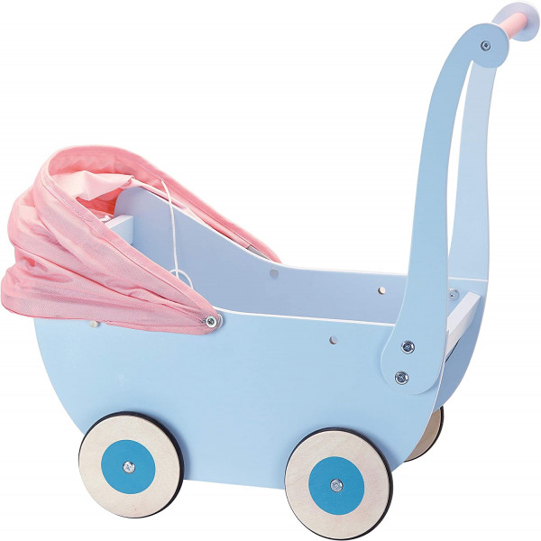 Wooden Pram for Dolls in Pink and Blue