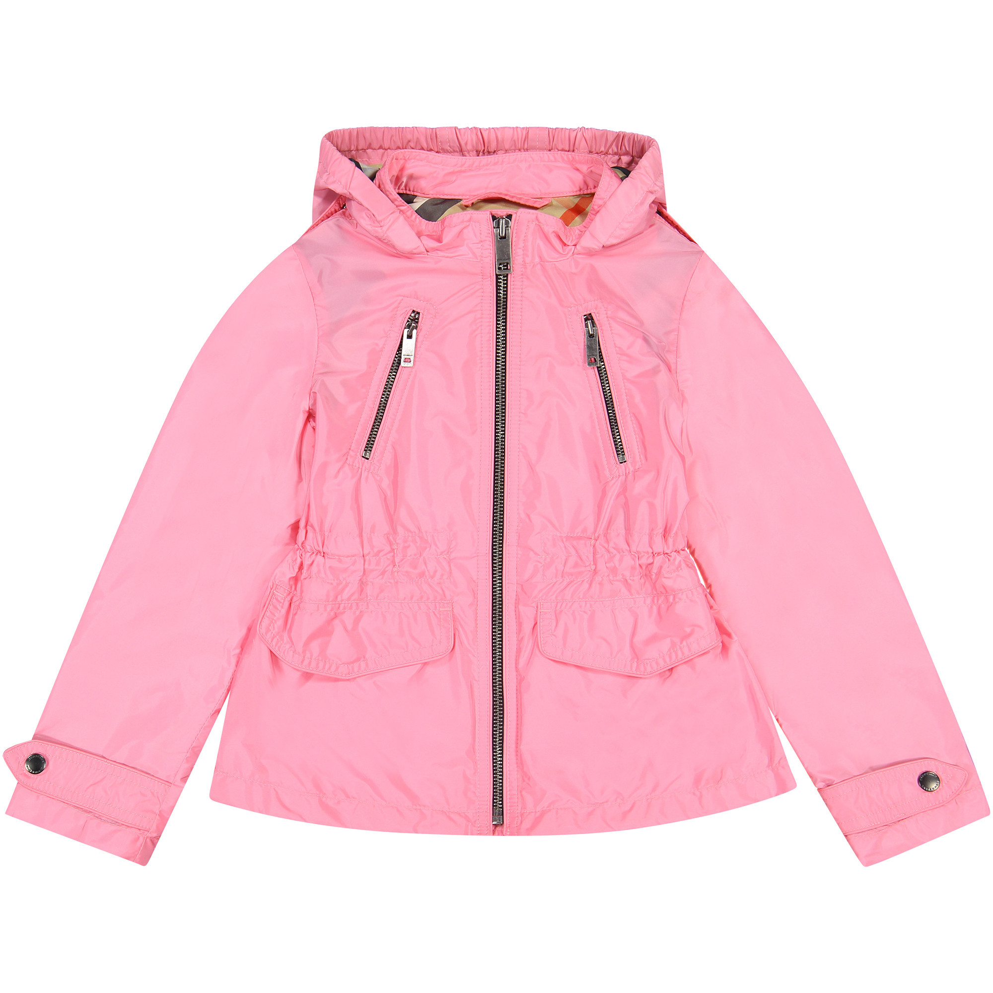 Burberry Girls Hooded Windbreaker Jacket in Pink with Tartan Lining