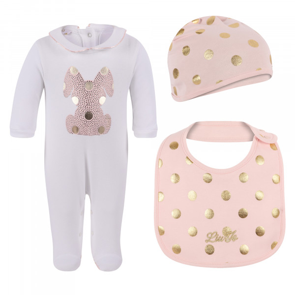 Set of Onesie, Baby Cap and Bib Set in Pink and White