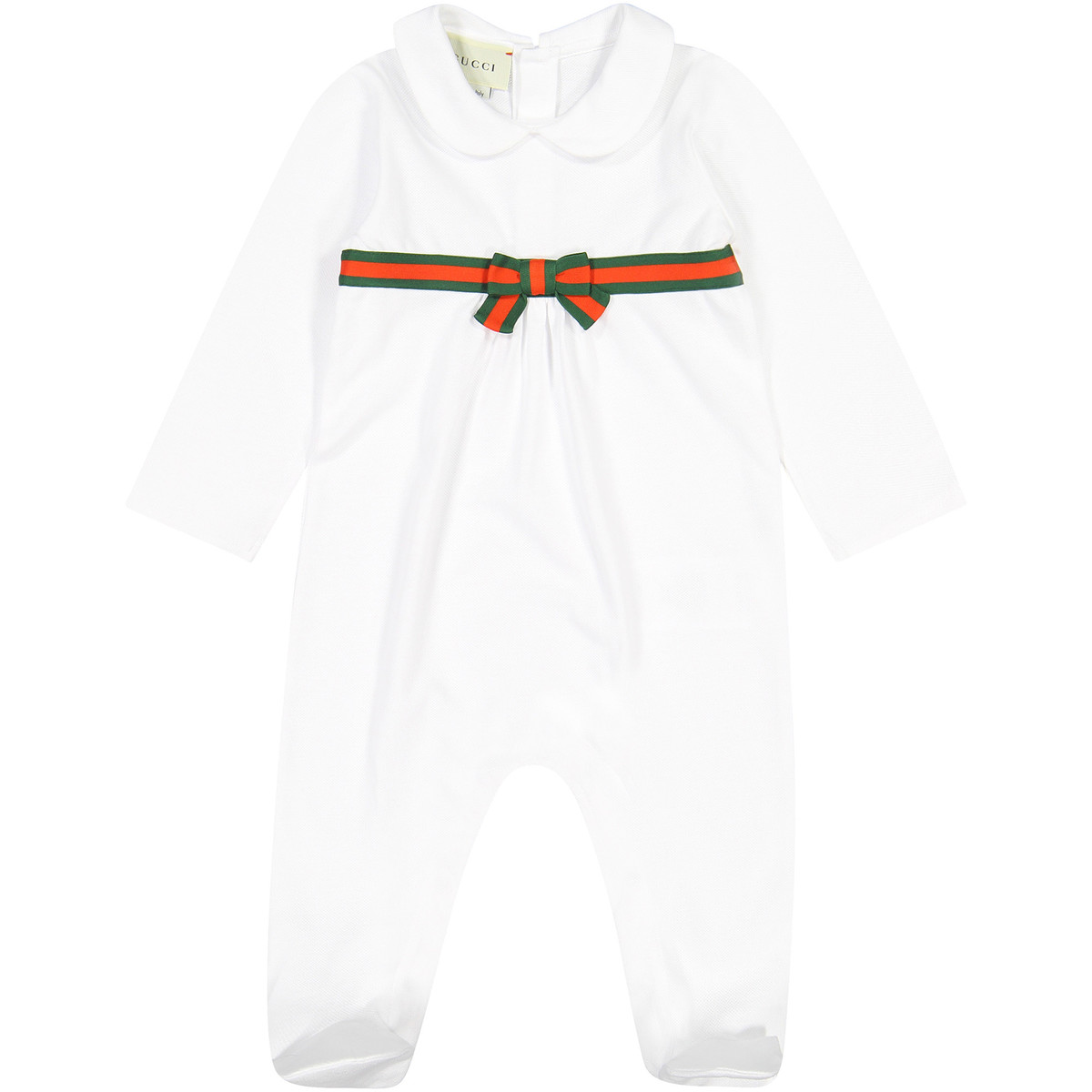 Gucci Baby Onesie in White with Signature Ribbon Detailing