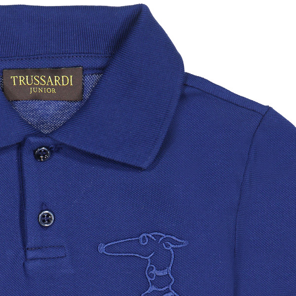 Trussardi Boys Preppy Polo Shirt in Dark Blue with Striped Sleeves