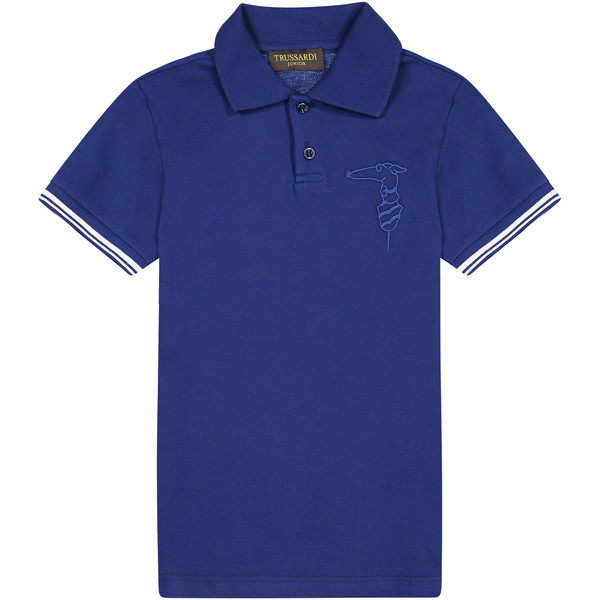 Trussardi Boys Preppy Polo Shirt in Dark Blue with Striped Sleeves