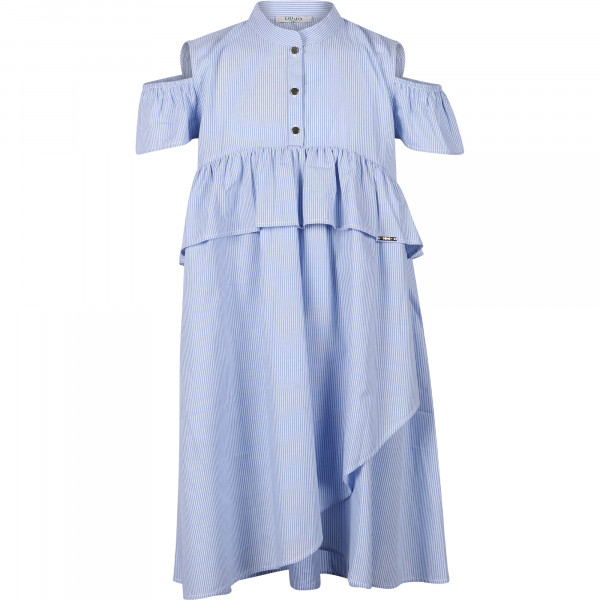 Ocean Stripe Print Cold Shoulders Dress in Light Blue