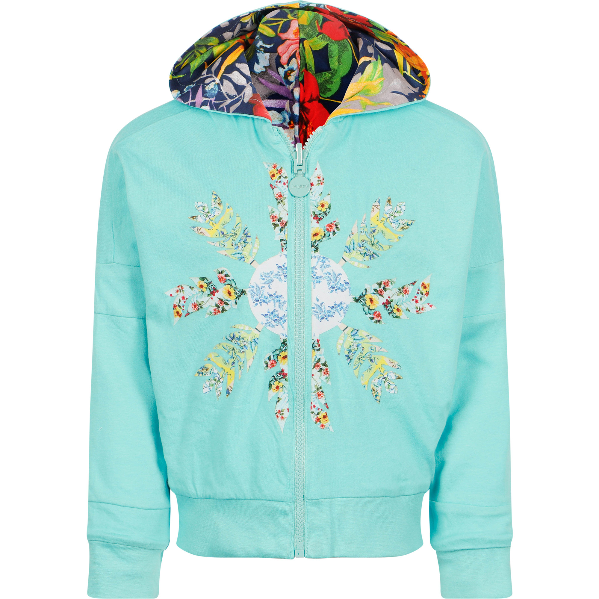 Desigual Reversible Floral ZipUp Hoodie in White and Turquoise