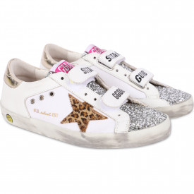 Glitter Detailing Velcro Straps Logo Sneakers in White and Silver
