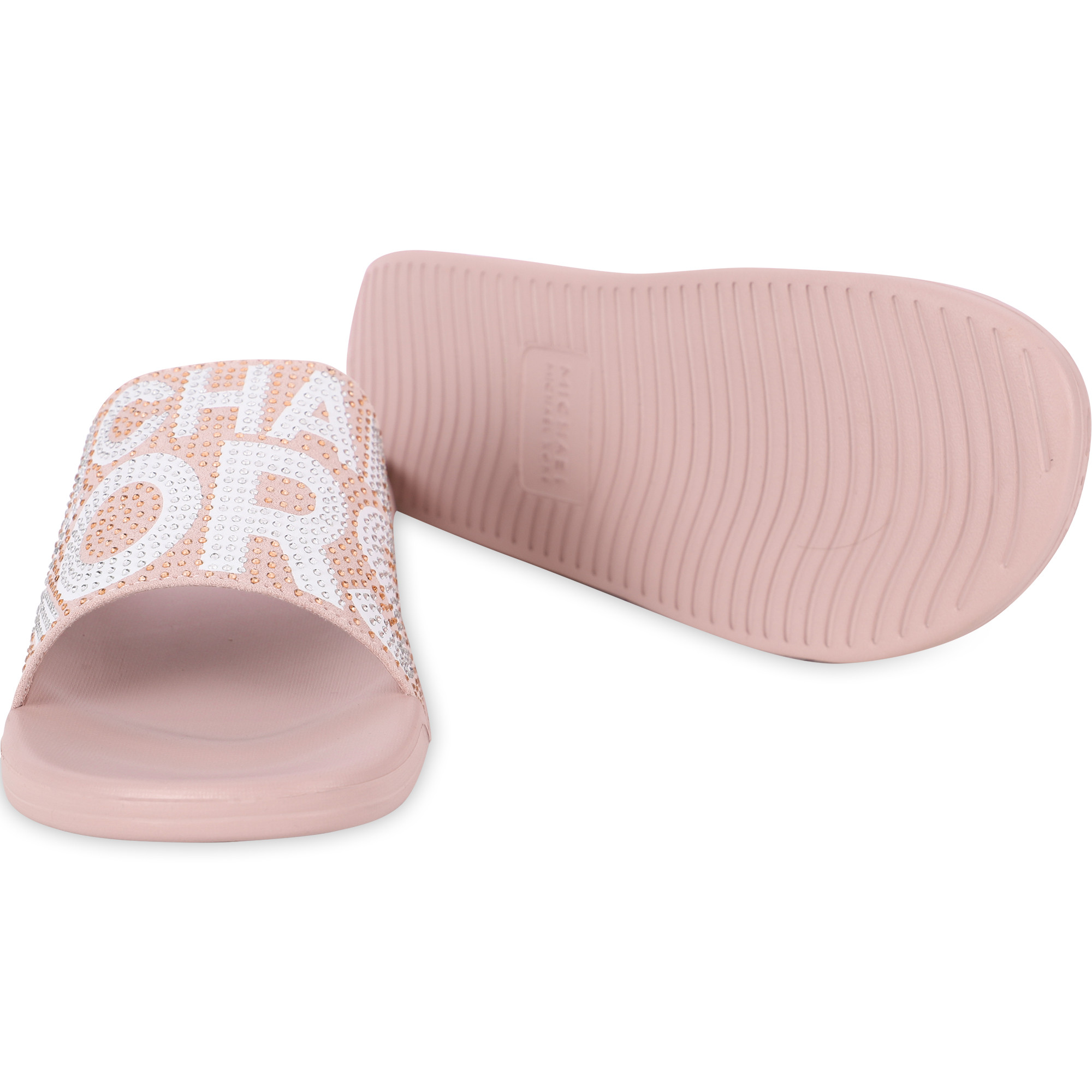 sass rhinestone logo slide sandals