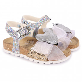 Mickey Applique and Bow Detailing Glittery Sandals in Silver and Pink