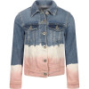 Bleached Effect Logo Denim Jacket in Blue and Pink