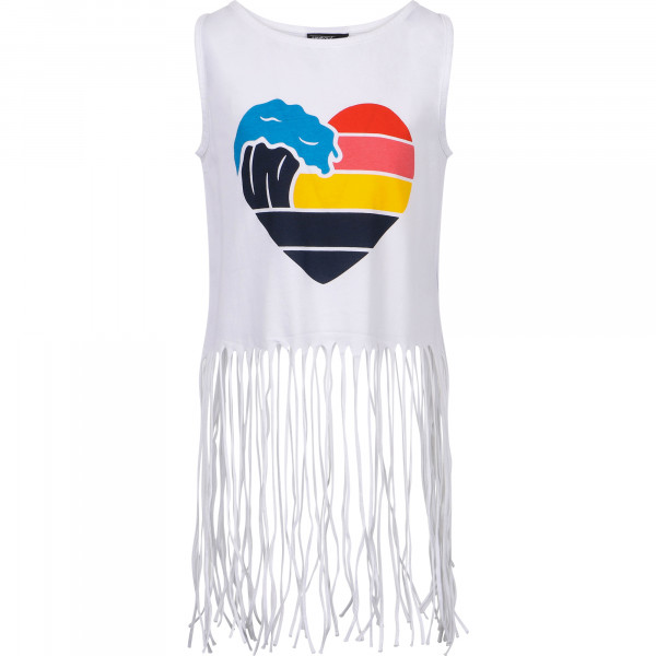 Long Fringe Detailing Heart and Wave Print Top in White