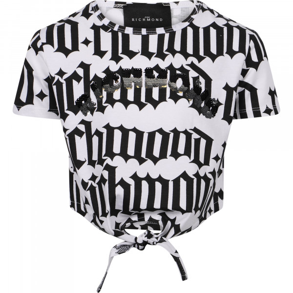 Sequins Logo Knot Detailing Crop Top in White and Black