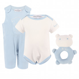 Logo Set of Bodysuit, Onesie and Teddy Toy in Light Blue and White