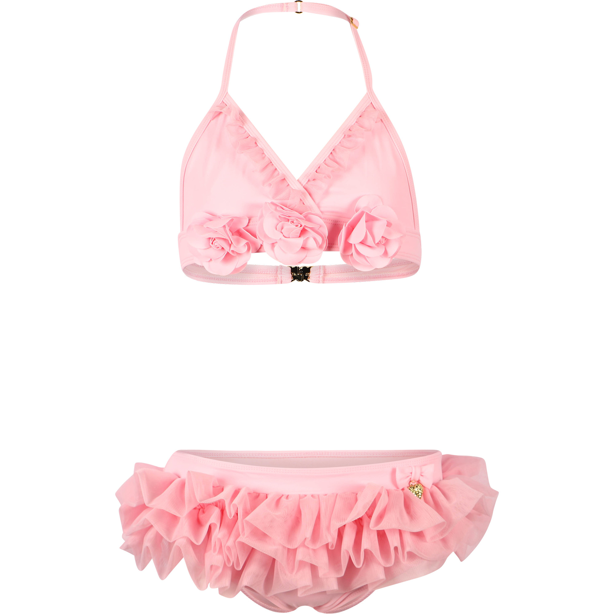 Angel's Face Roses Applique Ruffled Mesh Bikini in Pink