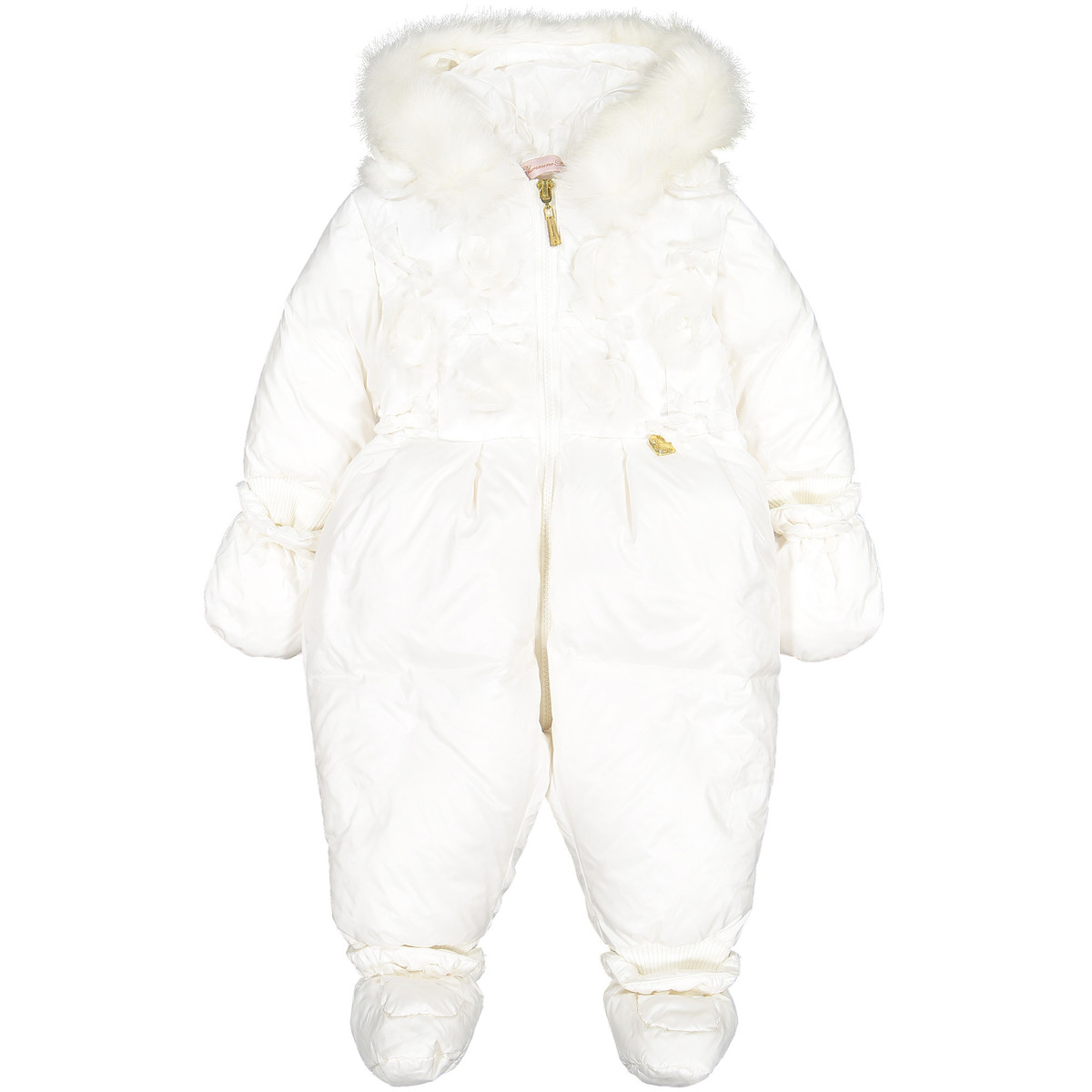 Miss Blumarine Baby Snowsuit in White with Fur Trim Hood