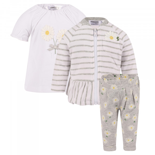 Daisies Print Set of Pants, T-Shirt and Zipped Sweatshirt in White and Grey