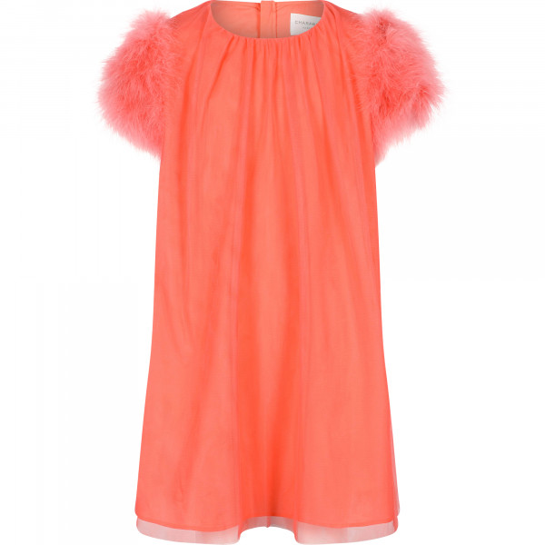 Feathers Sleeves Tulle Dress in Pink-Orange