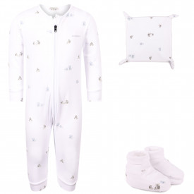 Teddy and Lion Logo Set of Bodysuit, Comforter and Baby Shoes in White