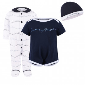 Logo Set of Bodysuit, Onesie and Baby Cap with Gift Bag in Navy and White