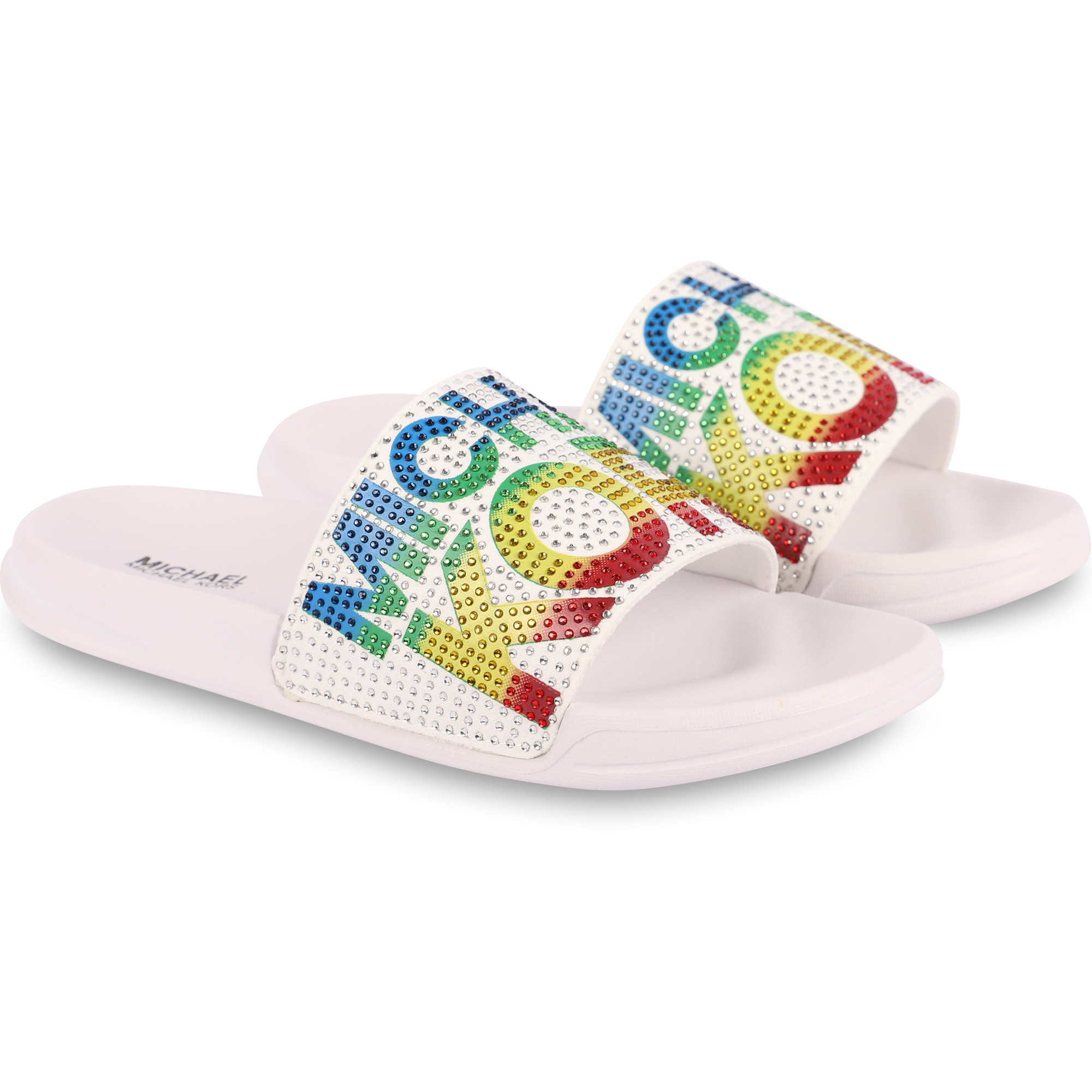 sass rhinestone logo slide sandals
