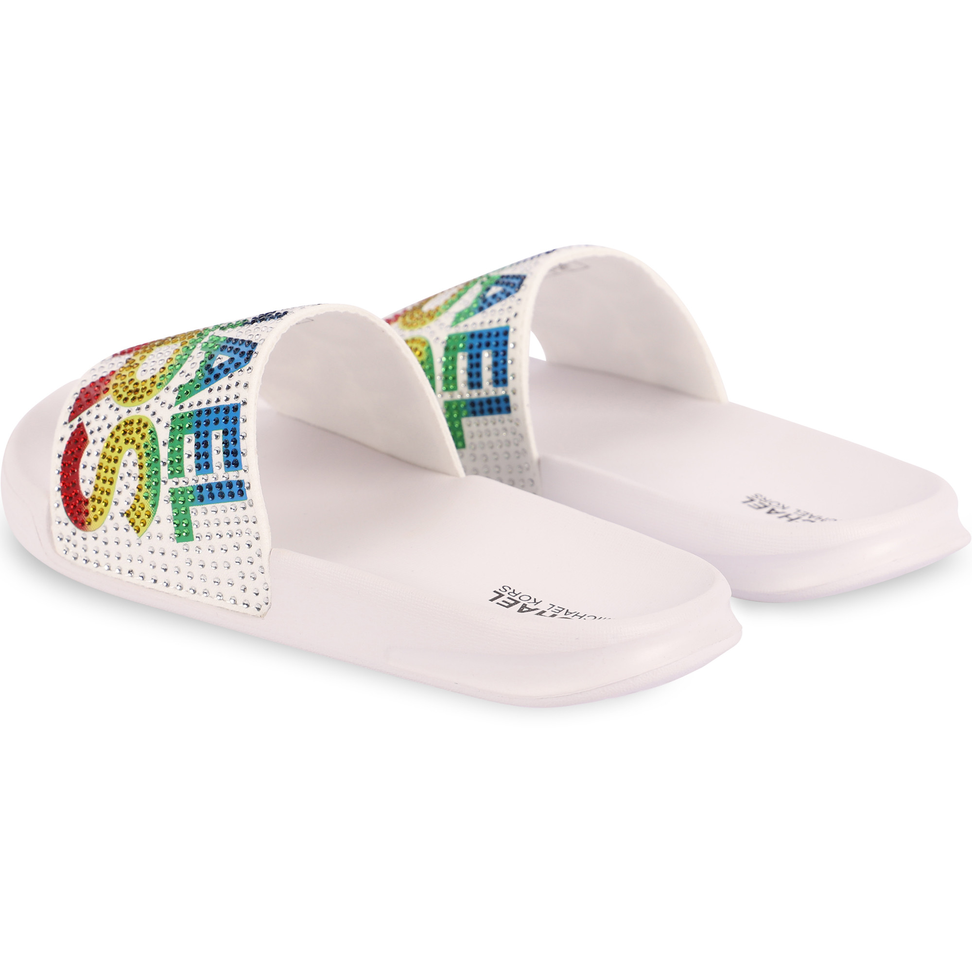 sass rhinestone logo slide sandals
