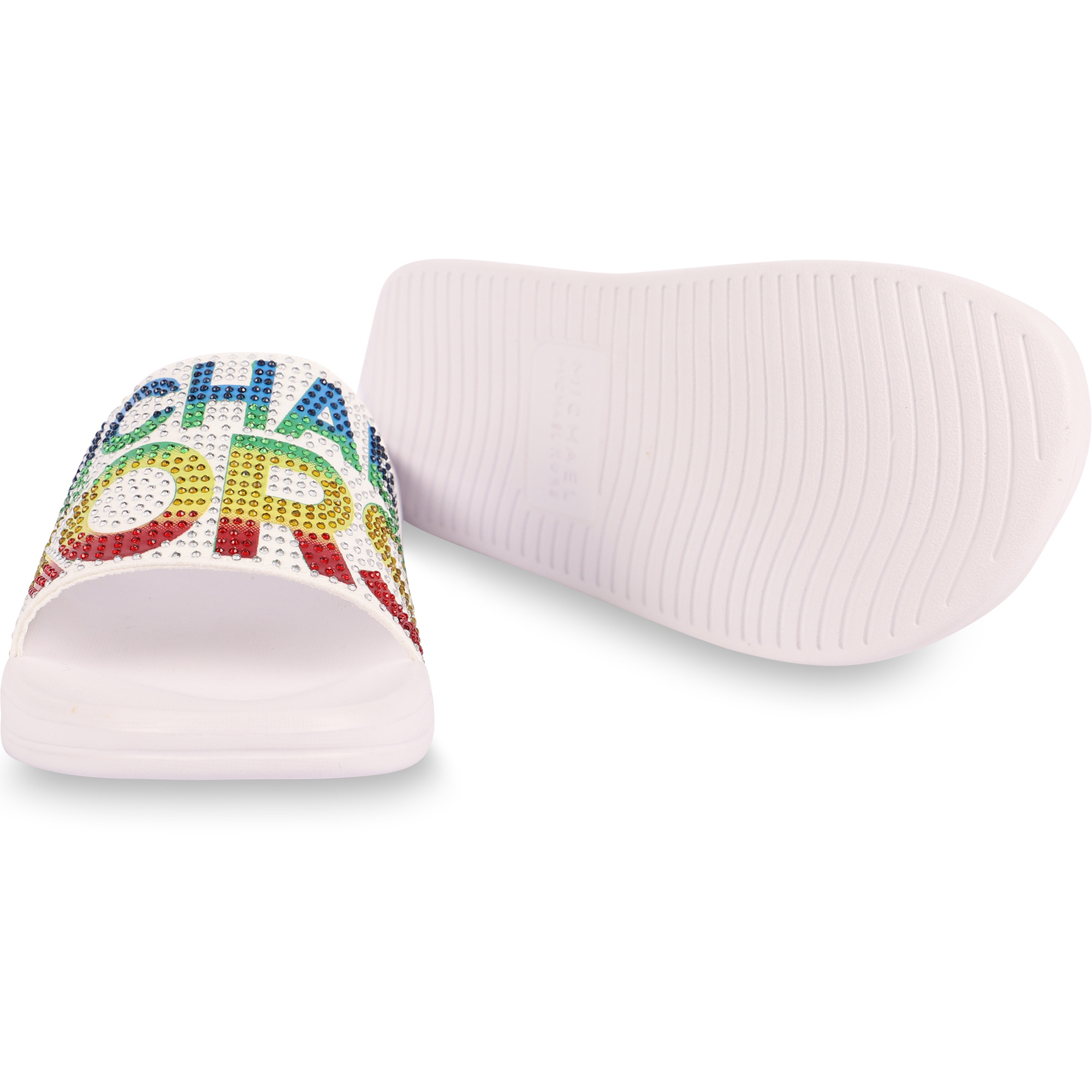 sass rhinestone logo slide sandals