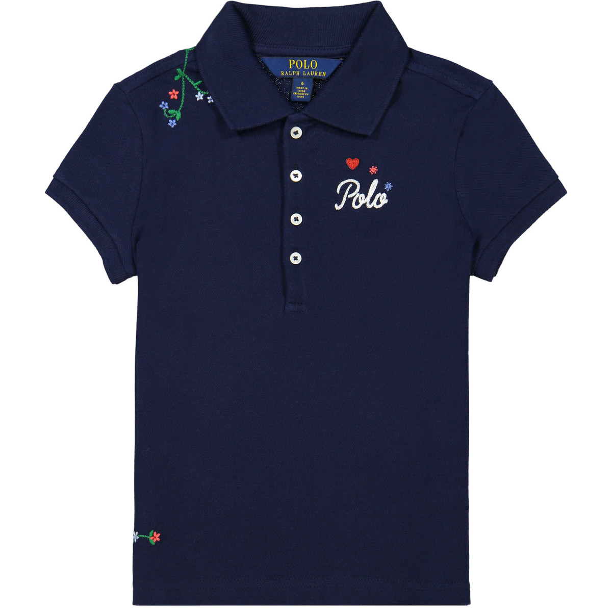 Polo Ralph Lauren Girls Polo Shirt in Navy with Floral Stitch