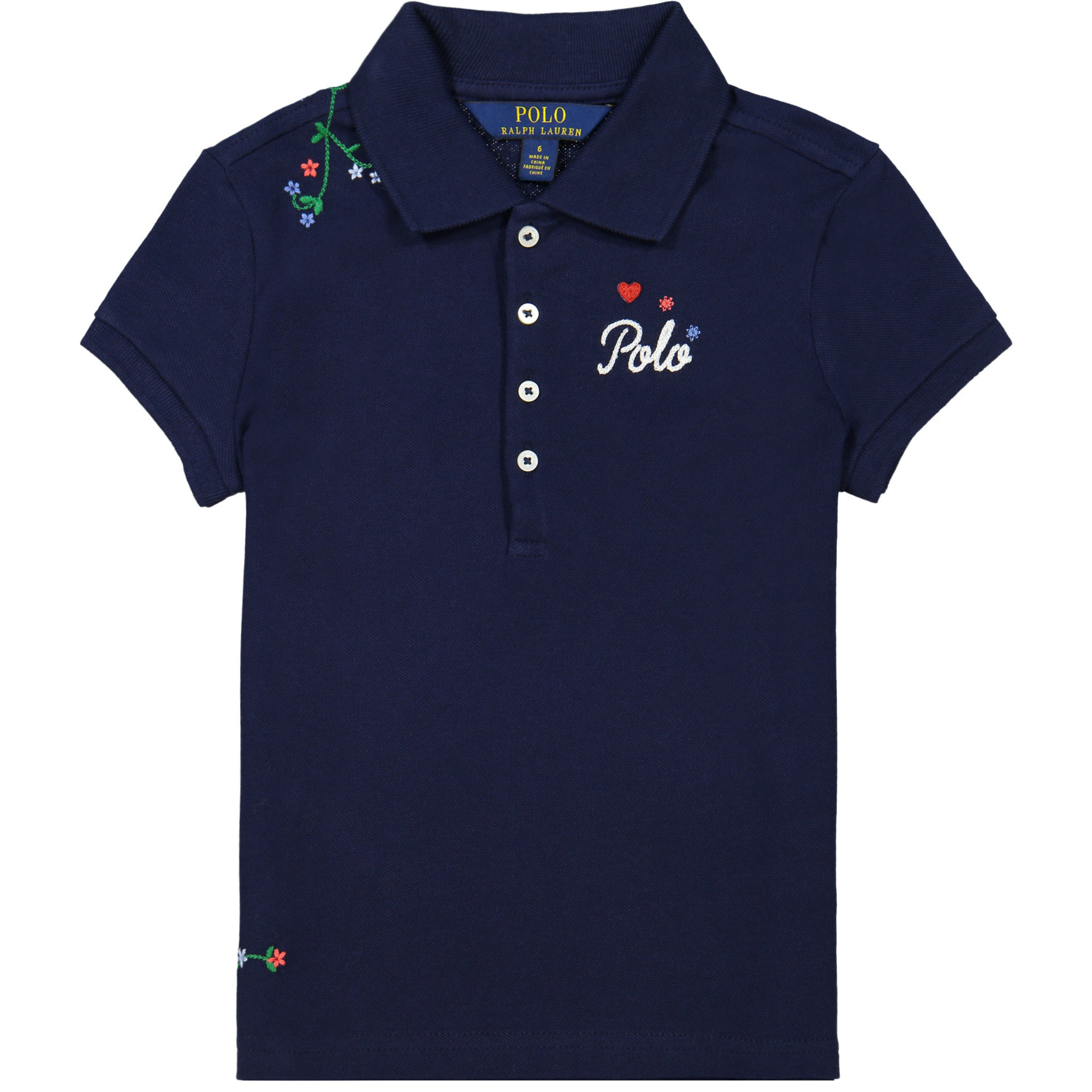 Polo Ralph Lauren Girls Polo Shirt in Navy with Floral Stitch