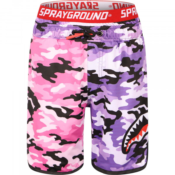 Camo Print Logo Swimming Trunks in Pink and Purple