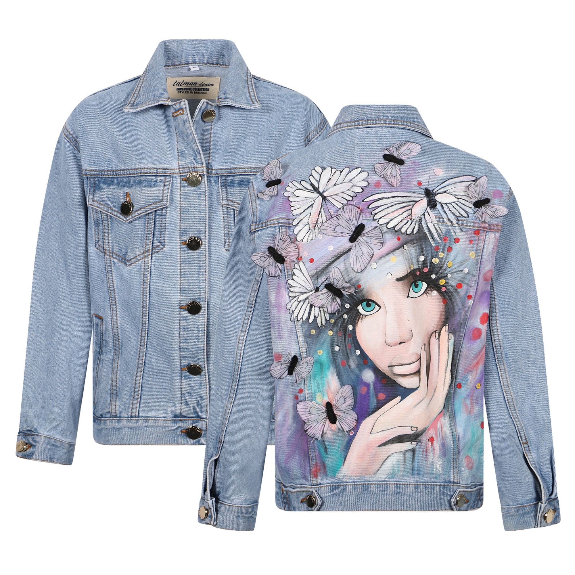 Tatman Handmade 'Butterflies' Denim Jacket in Light Wash —