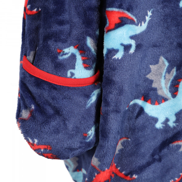 Dragons Print Hooded Fleece Overall in Indigo Blue