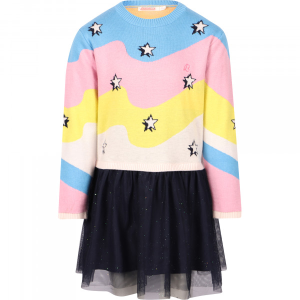 Colorful Wavy Stripes and Stars Print Knit Dress with Mesh Skirt